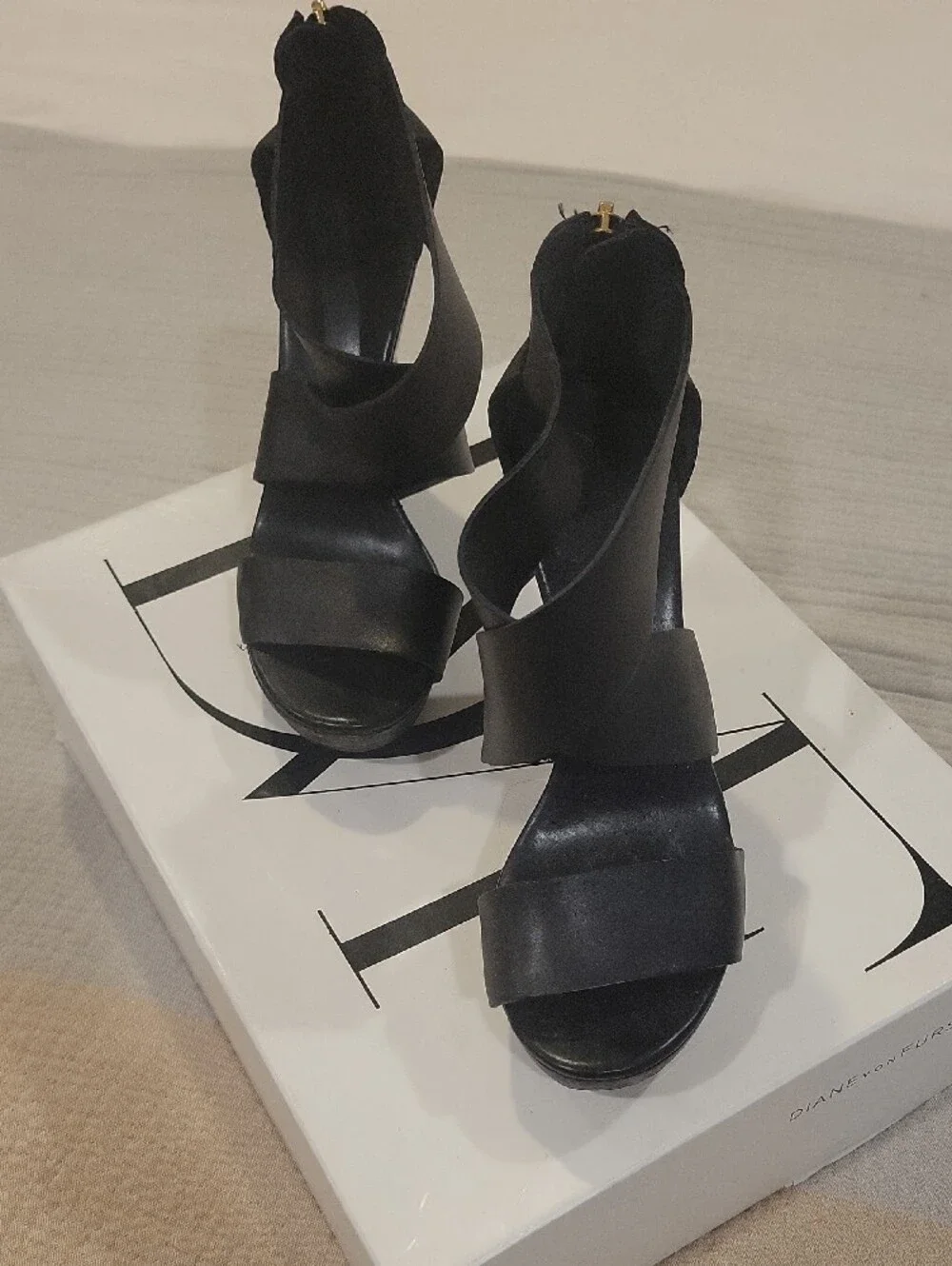 Diane Von Furstenberg Black Strappy Wedge Sandals